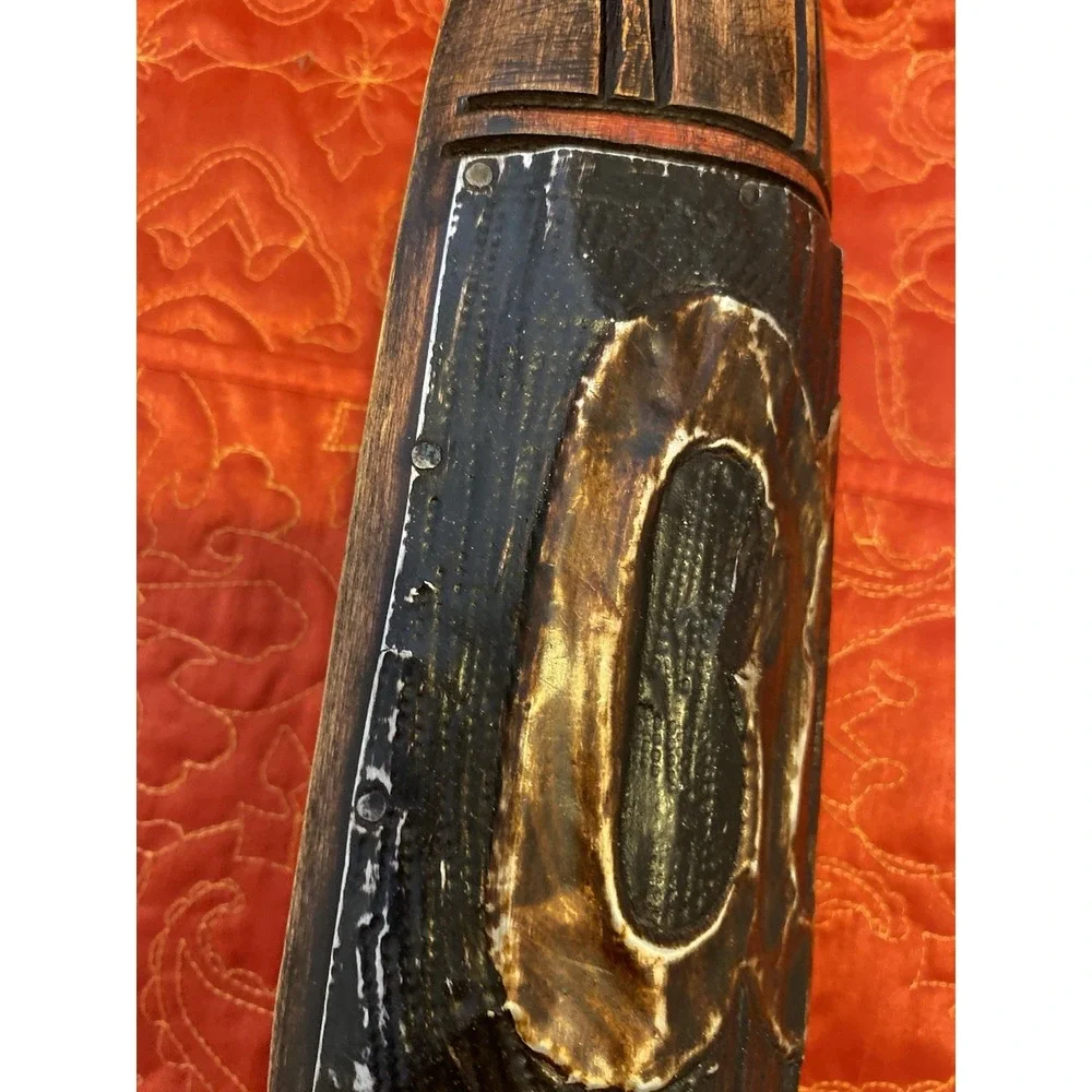 African Tribal Style Wall Face Mask Hand Carved‎ Wood Metal Clad Face Etching